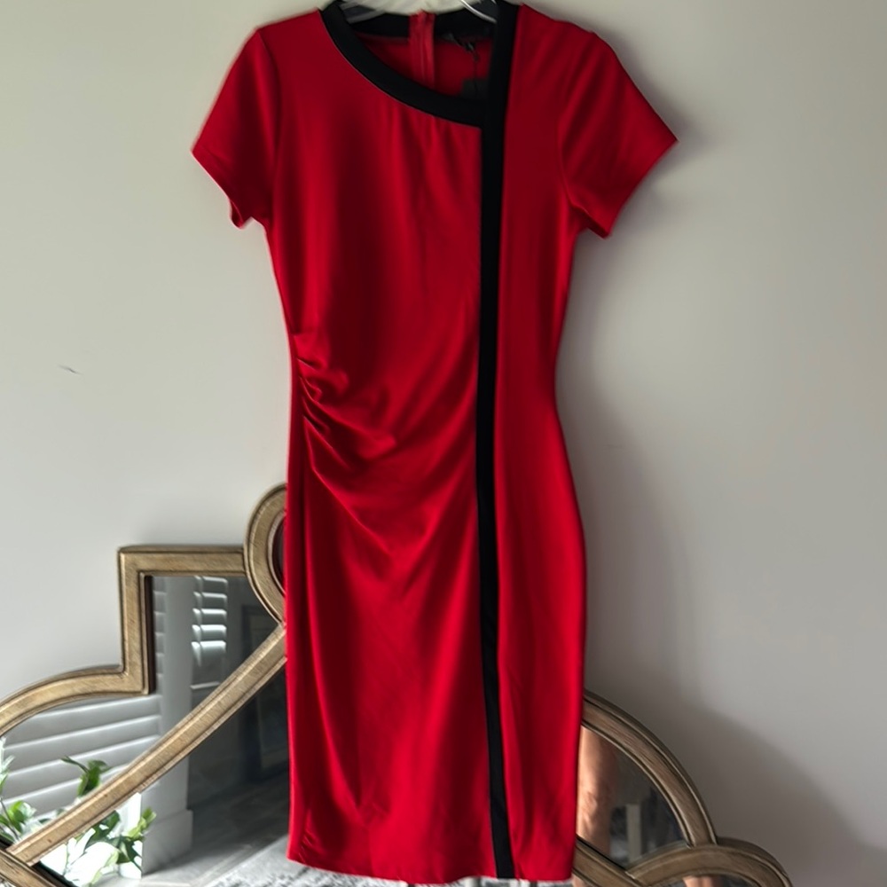 Red Ruched Asymmetrical Sheath Dress
